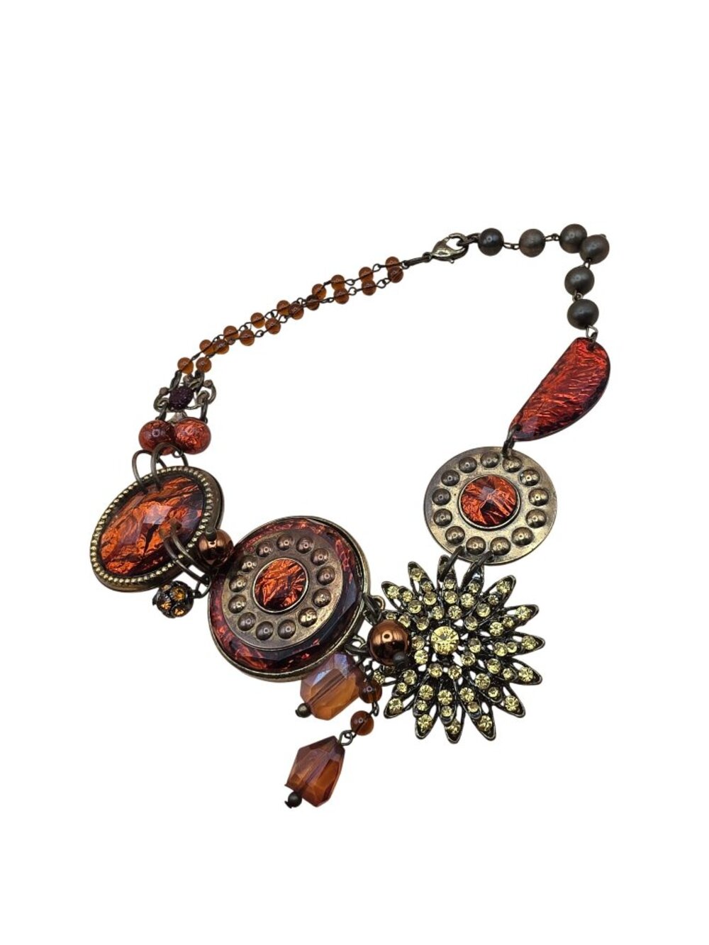 Boho Statement Bib Necklace Amber Rust Copper Rhinestone Flower Asymmetric
